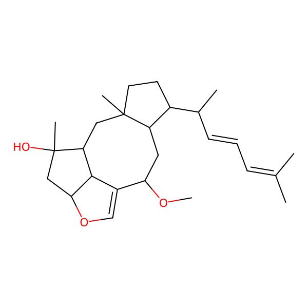2D Structure of 9-Methoxy-3,15-dimethyl-6-(6-methylhepta-3,5-dien-2-yl)-12-oxatetracyclo[8.5.1.03,7.013,16]hexadec-10-en-15-ol