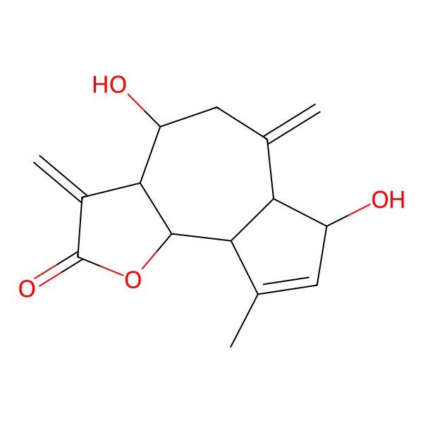 2D Structure of (3aR,4R,6aR,7S,9aR,9bS)-4,7-dihydroxy-9-methyl-3,6-dimethylidene-4,5,6a,7,9a,9b-hexahydro-3aH-azuleno[4,5-b]furan-2-one