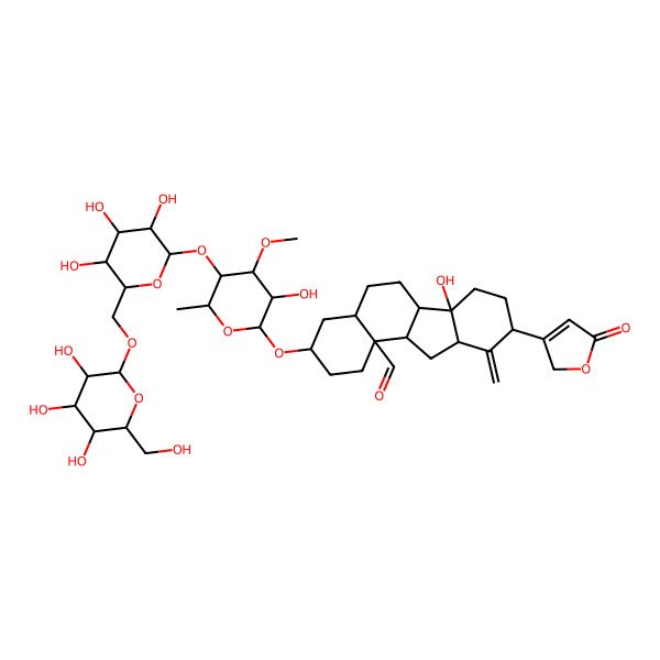 2D Structure of 6b-hydroxy-3-[3-hydroxy-4-methoxy-6-methyl-5-[3,4,5-trihydroxy-6-[[3,4,5-trihydroxy-6-(hydroxymethyl)oxan-2-yl]oxymethyl]oxan-2-yl]oxyoxan-2-yl]oxy-10-methylidene-9-(5-oxo-2H-furan-3-yl)-1,2,3,4,4a,5,6,6a,7,8,9,10a,11,11a-tetradecahydrobenzo[a]fluorene-11b-carbaldehyde