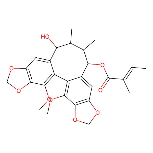 2D Structure of (14-Hydroxy-3,22-dimethoxy-12,13-dimethyl-5,7,18,20-tetraoxapentacyclo[13.7.0.02,10.04,8.017,21]docosa-1(22),2,4(8),9,15,17(21)-hexaen-11-yl) 2-methylbut-2-enoate