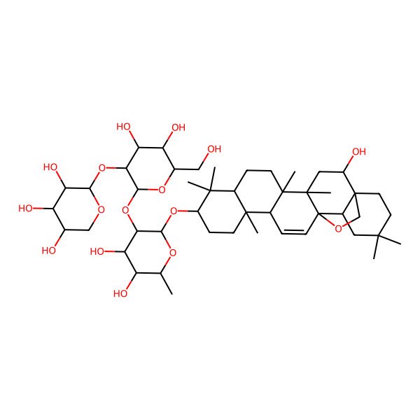 2D Structure of (2S,3R,4R,5S)-2-[(2S,3S,4R,5R,6R)-2-[(2R,3R,4R,5S,6R)-4,5-dihydroxy-2-[[(1R,2R,4S,5R,8R,10R,13S,14S,17R,18R)-2-hydroxy-4,5,9,9,13,20,20-heptamethyl-24-oxahexacyclo[15.5.2.01,18.04,17.05,14.08,13]tetracos-15-en-10-yl]oxy]-6-methyloxan-3-yl]oxy-4,5-dihydroxy-6-(hydroxymethyl)oxan-3-yl]oxyoxane-3,4,5-triol