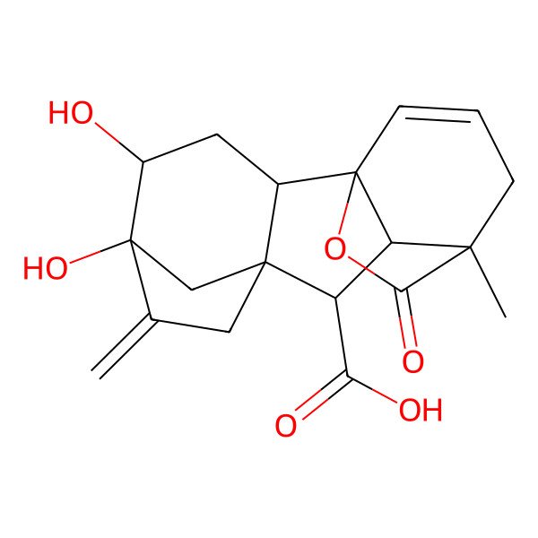 2D Structure of (1S,2R,4R,5S,9S,10R,11S)-4,5-dihydroxy-11-methyl-6-methylidene-16-oxo-15-oxapentacyclo[9.3.2.15,8.01,10.02,8]heptadec-13-ene-9-carboxylic acid