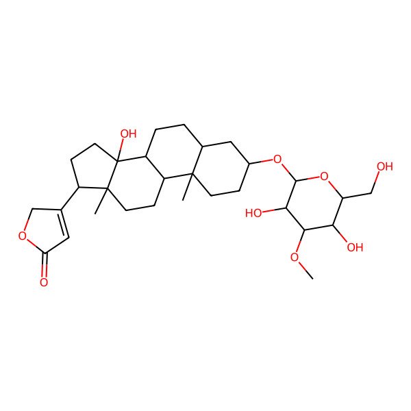 2D Structure of 3-[(3S,5R,8R,9S,10S,13R,14S,17R)-3-[(2R,3R,4S,5R,6R)-3,5-dihydroxy-6-(hydroxymethyl)-4-methoxyoxan-2-yl]oxy-14-hydroxy-10,13-dimethyl-1,2,3,4,5,6,7,8,9,11,12,15,16,17-tetradecahydrocyclopenta[a]phenanthren-17-yl]-2H-furan-5-one