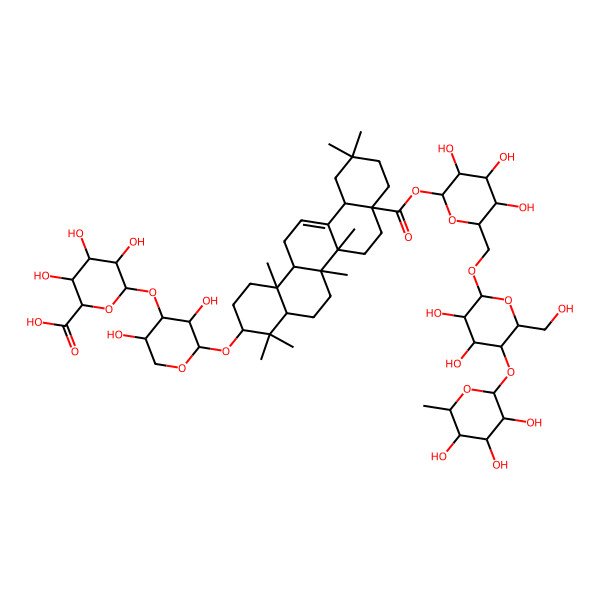 2D Structure of 6-[2-[[8a-[6-[[3,4-Dihydroxy-6-(hydroxymethyl)-5-(3,4,5-trihydroxy-6-methyloxan-2-yl)oxyoxan-2-yl]oxymethyl]-3,4,5-trihydroxyoxan-2-yl]oxycarbonyl-4,4,6a,6b,11,11,14b-heptamethyl-1,2,3,4a,5,6,7,8,9,10,12,12a,14,14a-tetradecahydropicen-3-yl]oxy]-3,5-dihydroxyoxan-4-yl]oxy-3,4,5-trihydroxyoxane-2-carboxylic acid