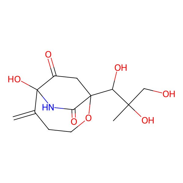 2D Structure of (1R,6S)-6-hydroxy-5-methylidene-1-[(1R,2S)-1,2,3-trihydroxy-2-methylpropyl]-2-oxa-7-azabicyclo[4.2.2]decane-8,10-dione