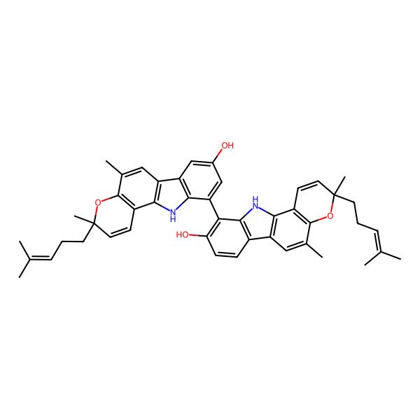 2D Structure of 10-[8-hydroxy-3,5-dimethyl-3-(4-methylpent-3-enyl)-11H-pyrano[3,2-a]carbazol-10-yl]-3,5-dimethyl-3-(4-methylpent-3-enyl)-11H-pyrano[3,2-a]carbazol-9-ol