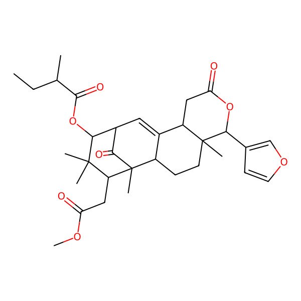 2D Structure of [(1R,2R,5R,6R,10S,13S,14R,16S)-6-(furan-3-yl)-16-(2-methoxy-2-oxoethyl)-1,5,15,15-tetramethyl-8,17-dioxo-7-oxatetracyclo[11.3.1.02,11.05,10]heptadec-11-en-14-yl] (2R)-2-methylbutanoate