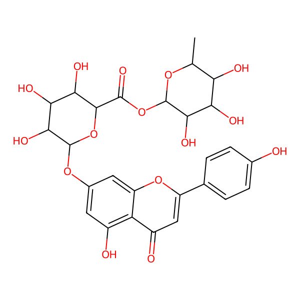 2D Structure of [(2R,3S,4S,5S,6R)-3,4,5-trihydroxy-6-methyloxan-2-yl] (2S,3R,4S,5R,6S)-3,4,5-trihydroxy-6-[5-hydroxy-2-(4-hydroxyphenyl)-4-oxochromen-7-yl]oxyoxane-2-carboxylate