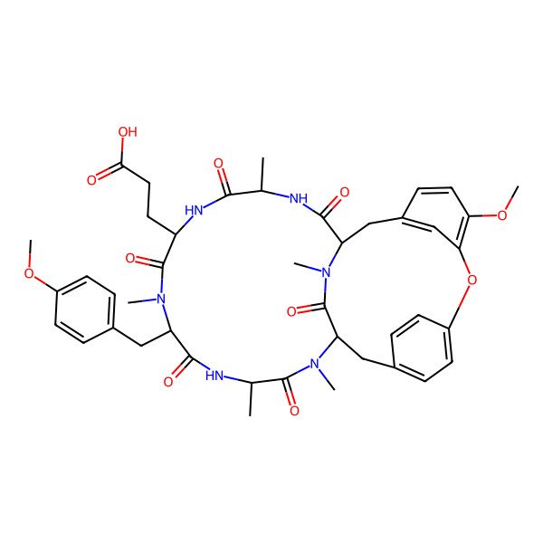 2D Structure of 3-[(1S,4R,7S,10S,13S,16S)-24-methoxy-10-[(4-methoxyphenyl)methyl]-4,9,13,15,29-pentamethyl-2,5,8,11,14,30-hexaoxo-22-oxa-3,6,9,12,15,29-hexazatetracyclo[14.12.2.218,21.123,27]tritriaconta-18,20,23,25,27(31),32-hexaen-7-yl]propanoic acid