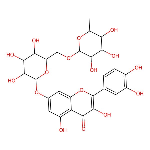 2D Structure of 2-(3,4-Dihydroxyphenyl)-3,5-dihydroxy-7-[3,4,5-trihydroxy-6-[(3,4,5-trihydroxy-6-methyloxan-2-yl)oxymethyl]oxan-2-yl]oxychromen-4-one