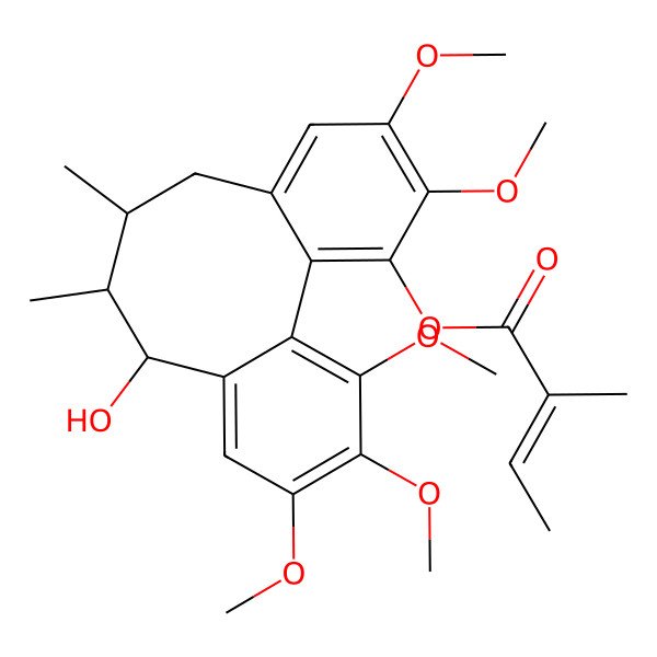 2D Structure of (11-Hydroxy-4,5,14,15,16-pentamethoxy-9,10-dimethyl-3-tricyclo[10.4.0.02,7]hexadeca-1(16),2,4,6,12,14-hexaenyl) 2-methylbut-2-enoate