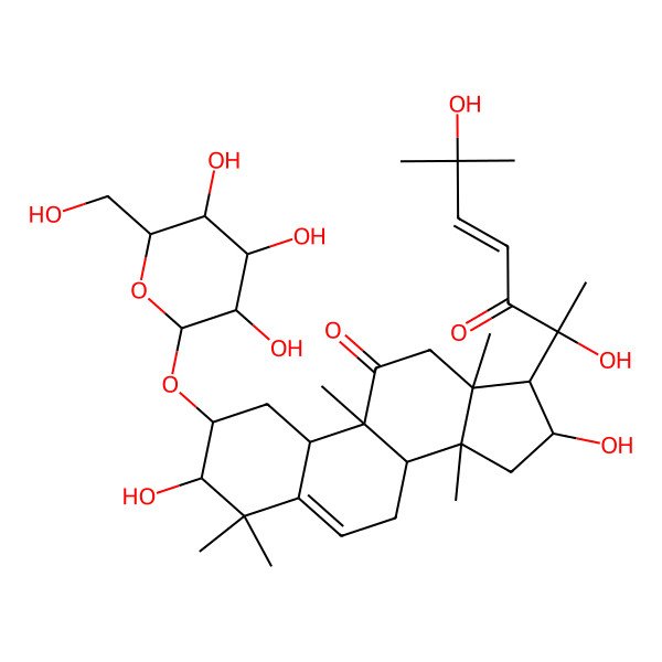 2D Structure of (2S,3R,8R,9R,10R,13R,14S,16R,17R)-17-[(E,2R)-2,6-dihydroxy-6-methyl-3-oxohept-4-en-2-yl]-3,16-dihydroxy-4,4,9,13,14-pentamethyl-2-[(2R,3R,4S,5S,6R)-3,4,5-trihydroxy-6-(hydroxymethyl)oxan-2-yl]oxy-1,2,3,7,8,10,12,15,16,17-decahydrocyclopenta[a]phenanthren-11-one