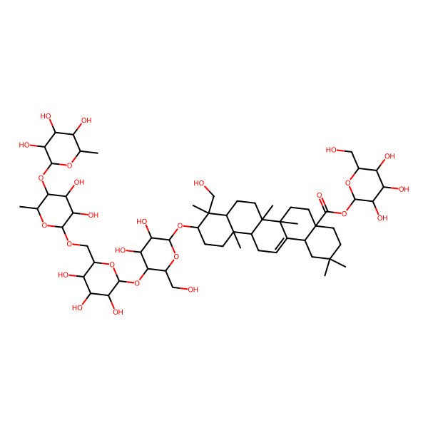 2D Structure of [(2S,3R,4S,5S,6R)-3,4,5-trihydroxy-6-(hydroxymethyl)oxan-2-yl] (4aS,6aR,6aS,6bR,8aR,9R,10S,12aR,14bS)-10-[(2R,3R,4R,5S,6R)-5-[(2S,3R,4S,5R,6R)-6-[[(2R,3S,4S,5R,6S)-3,4-dihydroxy-6-methyl-5-[(2S,3S,4R,5R,6S)-3,4,5-trihydroxy-6-methyloxan-2-yl]oxyoxan-2-yl]oxymethyl]-3,4,5-trihydroxyoxan-2-yl]oxy-3,4-dihydroxy-6-(hydroxymethyl)oxan-2-yl]oxy-9-(hydroxymethyl)-2,2,6a,6b,9,12a-hexamethyl-1,3,4,5,6,6a,7,8,8a,10,11,12,13,14b-tetradecahydropicene-4a-carboxylate