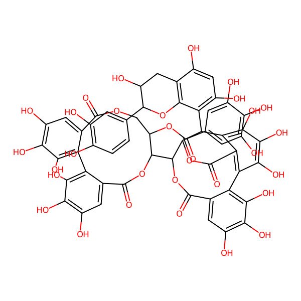 2D Structure of [(10R,11R)-10-[(14R,15S,19R)-19-[(2R,3R)-2-(3,4-dihydroxyphenyl)-3,5,7-trihydroxy-3,4-dihydro-2H-chromen-8-yl]-2,3,4,7,8,9-hexahydroxy-12,17-dioxo-13,16-dioxatetracyclo[13.3.1.05,18.06,11]nonadeca-1,3,5(18),6,8,10-hexaen-14-yl]-3,4,5,17,18,19-hexahydroxy-8,14-dioxo-9,13-dioxatricyclo[13.4.0.02,7]nonadeca-1(19),2,4,6,15,17-hexaen-11-yl] 3,4,5-trihydroxybenzoate