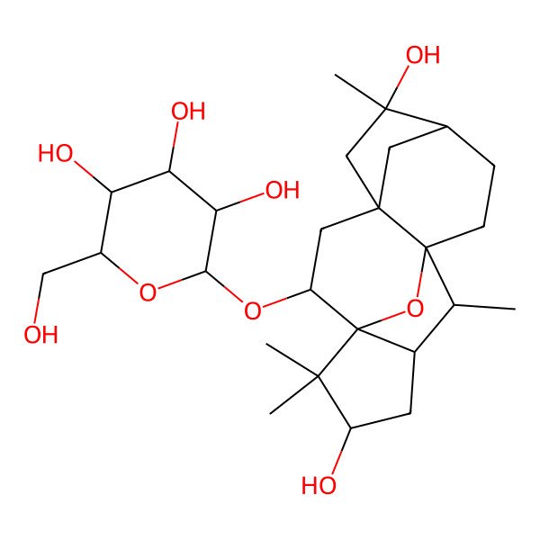 2D Structure of (2S,3R,4S,5S,6R)-2-[[(1R,2R,4R,6R,7R,10R,11R,12S,14S)-6,14-dihydroxy-6,11,15,15-tetramethyl-16-oxapentacyclo[8.5.1.14,7.01,12.04,10]heptadecan-2-yl]oxy]-6-(hydroxymethyl)oxane-3,4,5-triol