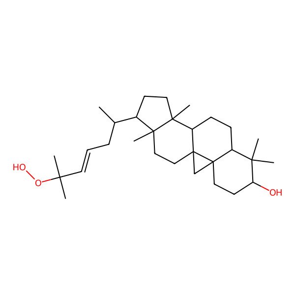 2D Structure of (1S,3R,6S,8R,11S,12S,15R,16R)-15-[(E,2R)-6-hydroperoxy-6-methylhept-4-en-2-yl]-7,7,12,16-tetramethylpentacyclo[9.7.0.01,3.03,8.012,16]octadecan-6-ol