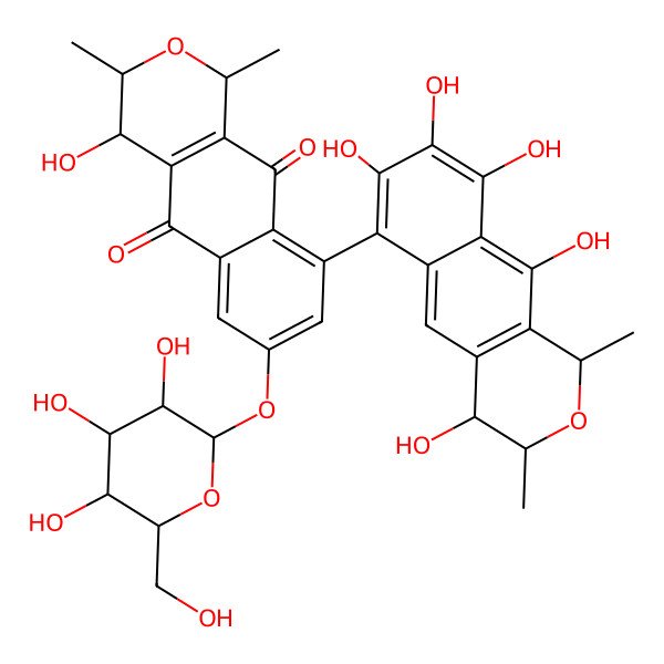 2D Structure of (1R,3R,4S)-4-hydroxy-1,3-dimethyl-9-[(1R,3R,4S)-4,7,8,9,10-pentahydroxy-1,3-dimethyl-3,4-dihydro-1H-benzo[g]isochromen-6-yl]-7-[(2S,3R,4S,5S,6R)-3,4,5-trihydroxy-6-(hydroxymethyl)oxan-2-yl]oxy-3,4-dihydro-1H-benzo[g]isochromene-5,10-dione
