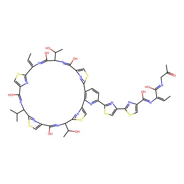 2D Structure of 2-[2-[26-ethylidene-14,21,28,31-tetrahydroxy-12,29-bis(1-hydroxyethyl)-19-propan-2-yl-10,17,24,34-tetrathia-6,13,20,27,30,35,36,37,38-nonazahexacyclo[30.2.1.18,11.115,18.122,25.02,7]octatriaconta-1(35),2(7),3,5,8,11(38),13,15,18(37),20,22,25(36),27,30,32-pentadecaen-5-yl]-1,3-thiazol-4-yl]-N-[1-hydroxy-1-(2-oxopropylimino)but-2-en-2-yl]-1,3-thiazole-4-carboximidic acid