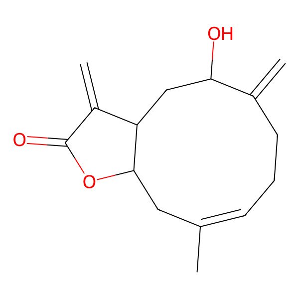 2D Structure of (3aR,5S,9E,11aS)-5-hydroxy-10-methyl-3,6-dimethylidene-4,5,7,8,11,11a-hexahydro-3aH-cyclodeca[b]furan-2-one