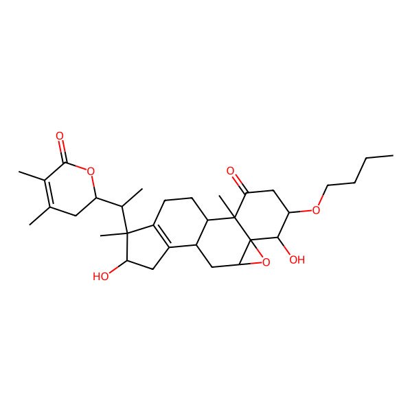 2D Structure of (1S,2R,5S,6S,7R,9R,11R,14R,15S)-5-butoxy-15-[(1S)-1-[(2R)-4,5-dimethyl-6-oxo-2,3-dihydropyran-2-yl]ethyl]-6,14-dihydroxy-2,15-dimethyl-8-oxapentacyclo[9.7.0.02,7.07,9.012,16]octadec-12(16)-en-3-one