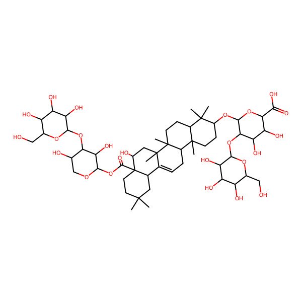 2D Structure of 6-[[8a-[3,5-Dihydroxy-4-[3,4,5-trihydroxy-6-(hydroxymethyl)oxan-2-yl]oxyoxan-2-yl]oxycarbonyl-8-hydroxy-4,4,6a,6b,11,11,14b-heptamethyl-1,2,3,4a,5,6,7,8,9,10,12,12a,14,14a-tetradecahydropicen-3-yl]oxy]-3,4-dihydroxy-5-[3,4,5-trihydroxy-6-(hydroxymethyl)oxan-2-yl]oxyoxane-2-carboxylic acid
