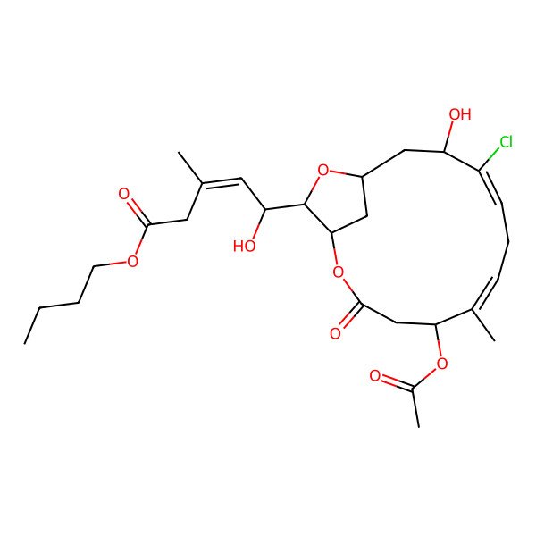 2D Structure of butyl (E,5R)-5-[(1S,5S,6E,9Z,11R,13S,15S)-5-acetyloxy-10-chloro-11-hydroxy-6-methyl-3-oxo-2,14-dioxabicyclo[11.2.1]hexadeca-6,9-dien-15-yl]-5-hydroxy-3-methylpent-3-enoate
