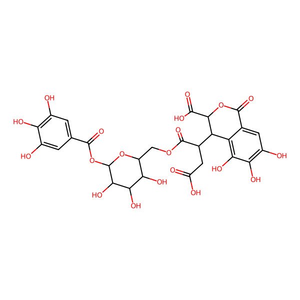 2D Structure of (3S,4S)-4-[(2S)-3-carboxy-1-oxo-1-[[(2R,3S,4S,5R,6S)-3,4,5-trihydroxy-6-(3,4,5-trihydroxybenzoyl)oxyoxan-2-yl]methoxy]propan-2-yl]-5,6,7-trihydroxy-1-oxo-3,4-dihydroisochromene-3-carboxylic acid
