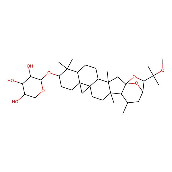 2D Structure of (2S,3R,4S,5R)-2-[[(1R,3S,4S,7R,9S,12R,14S,17R,18R,19R,21R,22S)-22-(2-methoxypropan-2-yl)-3,8,8,17,19-pentamethyl-23,24-dioxaheptacyclo[19.2.1.01,18.03,17.04,14.07,12.012,14]tetracosan-9-yl]oxy]oxane-3,4,5-triol