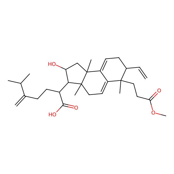 2D Structure of (2R)-2-[(2R,3R,3aR,6S,7R,9bR)-7-ethenyl-2-hydroxy-6-(3-methoxy-3-oxopropyl)-3a,6,9b-trimethyl-1,2,3,4,7,8-hexahydrocyclopenta[a]naphthalen-3-yl]-6-methyl-5-methylideneheptanoic acid