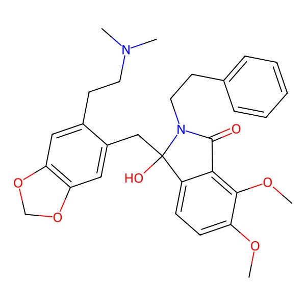 2D Structure of 3-[[6-[2-(Dimethylamino)ethyl]-1,3-benzodioxol-5-yl]methyl]-3-hydroxy-6,7-dimethoxy-2-(2-phenylethyl)isoindol-1-one