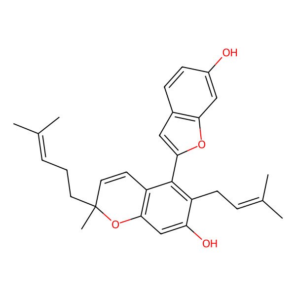 2D Structure of (2R)-5-(6-hydroxy-1-benzofuran-2-yl)-2-methyl-6-(3-methylbut-2-enyl)-2-(4-methylpent-3-enyl)chromen-7-ol