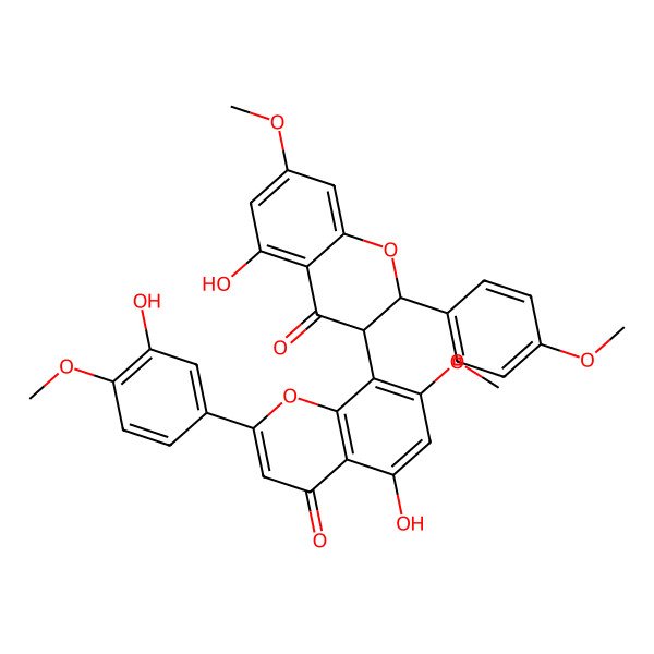 2D Structure of 5-hydroxy-8-[(2R,3S)-5-hydroxy-7-methoxy-2-(4-methoxyphenyl)-4-oxo-2,3-dihydrochromen-3-yl]-2-(3-hydroxy-4-methoxyphenyl)-7-methoxychromen-4-one