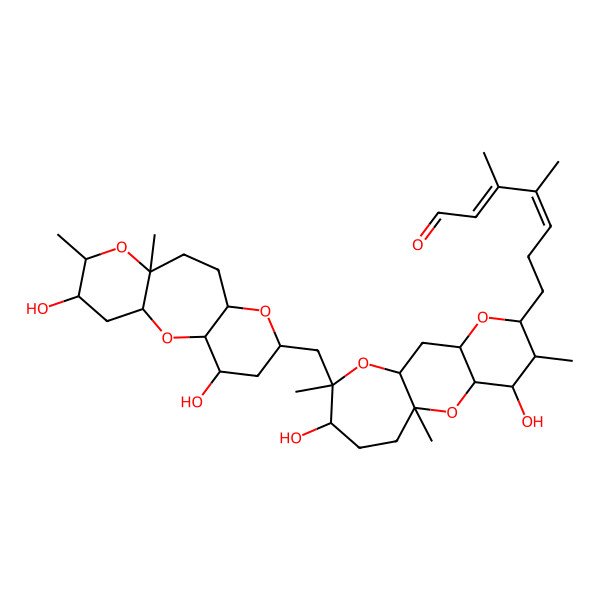 2D Structure of (2E,4E)-7-[(1S,3R,4R,5R,6R,8S,10R,12S,13R)-12-[[(1S,3R,4R,6R,8S,11R,13S,14S)-4,14-dihydroxy-11,13-dimethyl-2,7,12-trioxatricyclo[9.4.0.03,8]pentadecan-6-yl]methyl]-4,13-dihydroxy-1,5,12-trimethyl-2,7,11-trioxatricyclo[8.5.0.03,8]pentadecan-6-yl]-3,4-dimethylhepta-2,4-dienal