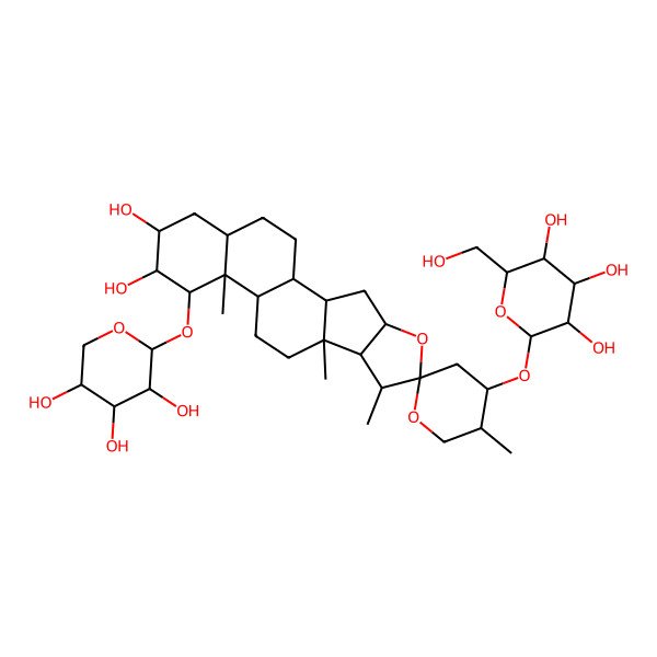 2D Structure of 2-[15,16-Dihydroxy-5',7,9,13-tetramethyl-14-(3,4,5-trihydroxyoxan-2-yl)oxyspiro[5-oxapentacyclo[10.8.0.02,9.04,8.013,18]icosane-6,2'-oxane]-4'-yl]oxy-6-(hydroxymethyl)oxane-3,4,5-triol