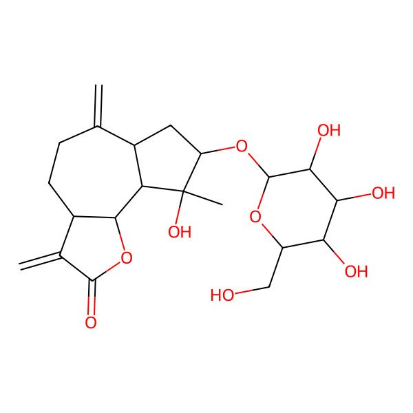 2D Structure of (3aS,6aR,8S,9S,9aS,9bS)-9-hydroxy-9-methyl-3,6-dimethylidene-8-[(2S,3R,4S,5S,6R)-3,4,5-trihydroxy-6-(hydroxymethyl)oxan-2-yl]oxy-3a,4,5,6a,7,8,9a,9b-octahydroazuleno[4,5-b]furan-2-one