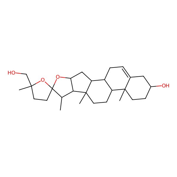 2D Structure of 5'-(Hydroxymethyl)-5',7,9,13-tetramethylspiro[5-oxapentacyclo[10.8.0.02,9.04,8.013,18]icos-18-ene-6,2'-oxolane]-16-ol
