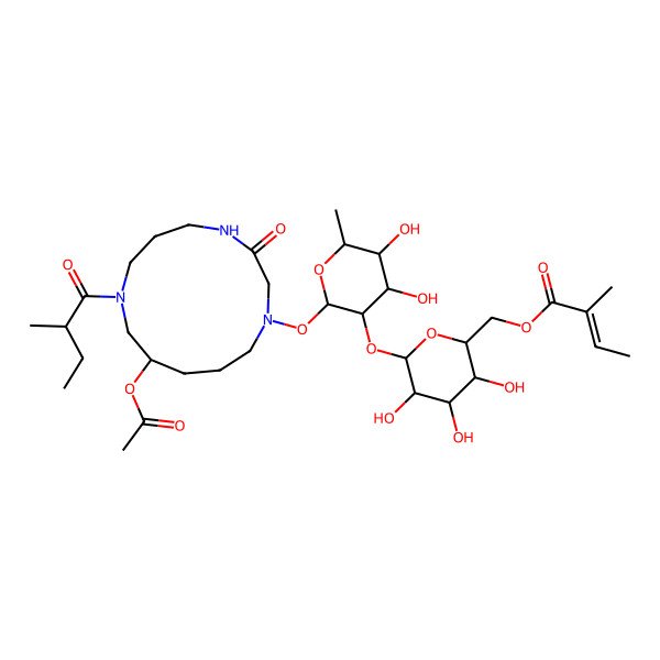 2D Structure of [(2R,3S,4S,5R,6S)-6-[(2S,3R,4R,5R,6S)-2-[[(10R)-10-acetyloxy-8-[(2S)-2-methylbutanoyl]-3-oxo-1,4,8-triazacyclotridec-1-yl]oxy]-4,5-dihydroxy-6-methyloxan-3-yl]oxy-3,4,5-trihydroxyoxan-2-yl]methyl (E)-2-methylbut-2-enoate