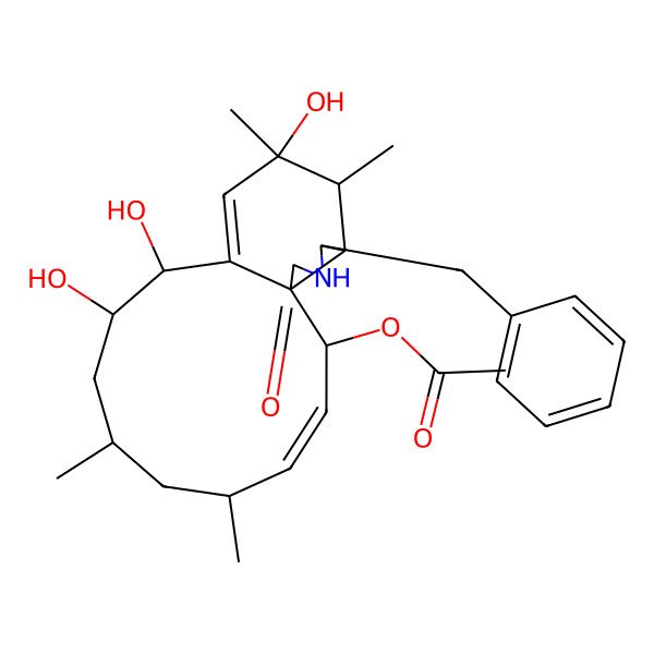 2D Structure of [(1R,2R,3E,5S,7S,9S,10R,13R,14S,15R,16S)-16-benzyl-9,10,13-trihydroxy-5,7,13,14-tetramethyl-18-oxo-17-azatricyclo[9.7.0.01,15]octadeca-3,11-dien-2-yl] acetate