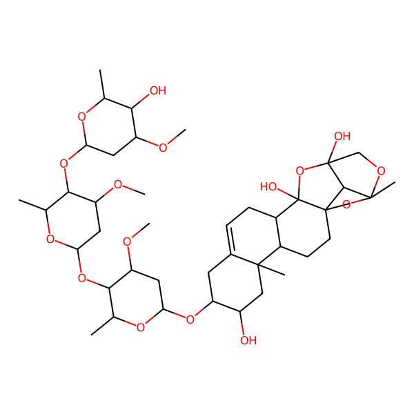 2D Structure of (1R,4S,5R,7R,8R,13R,14R,16S,19S,22R)-8-[(2S,4S,5R,6R)-5-[(2S,4R,5R,6S)-5-[(2S,4S,5R,6R)-5-hydroxy-4-methoxy-6-methyloxan-2-yl]oxy-4-methoxy-6-methyloxan-2-yl]oxy-4-methoxy-6-methyloxan-2-yl]oxy-5,19-dimethyl-15,18,20-trioxahexacyclo[14.5.1.01,14.04,13.05,10.019,22]docos-10-ene-7,14,16-triol