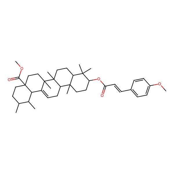 2D Structure of methyl (1S,2R,4aS,6aR,6aS,6bR,8aR,10S,12aR,14bS)-10-[(E)-3-(4-methoxyphenyl)prop-2-enoyl]oxy-1,2,6a,6b,9,9,12a-heptamethyl-2,3,4,5,6,6a,7,8,8a,10,11,12,13,14b-tetradecahydro-1H-picene-4a-carboxylate