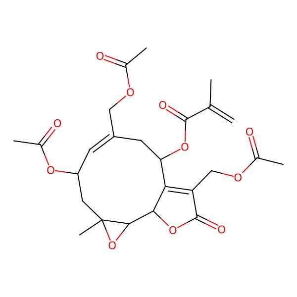 2D Structure of [(1S,2R,4R,6S,7E,10S)-6-acetyloxy-8,12-bis(acetyloxymethyl)-4-methyl-13-oxo-3,14-dioxatricyclo[9.3.0.02,4]tetradeca-7,11-dien-10-yl] 2-methylprop-2-enoate