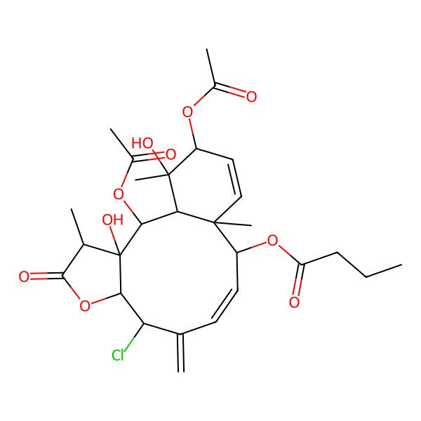 2D Structure of [(1S,2S,3S,4R,7R,8S,10E,12S,13R,16R,17S)-2,16-diacetyloxy-8-chloro-3,17-dihydroxy-4,13,17-trimethyl-9-methylidene-5-oxo-6-oxatricyclo[11.4.0.03,7]heptadeca-10,14-dien-12-yl] butanoate