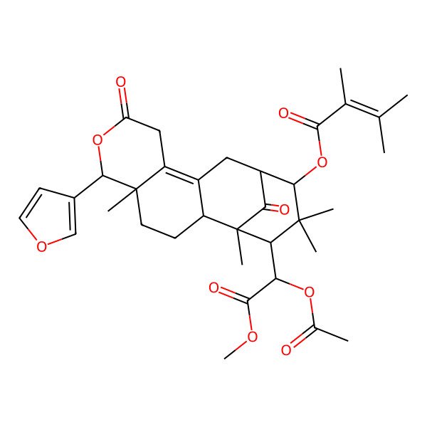 2D Structure of [(1R,2R,5S,6R,13S,14R,16S)-16-[(1R)-1-acetyloxy-2-methoxy-2-oxoethyl]-6-(furan-3-yl)-1,5,15,15-tetramethyl-8,17-dioxo-7-oxatetracyclo[11.3.1.02,11.05,10]heptadec-10-en-14-yl] 2,3-dimethylbut-2-enoate