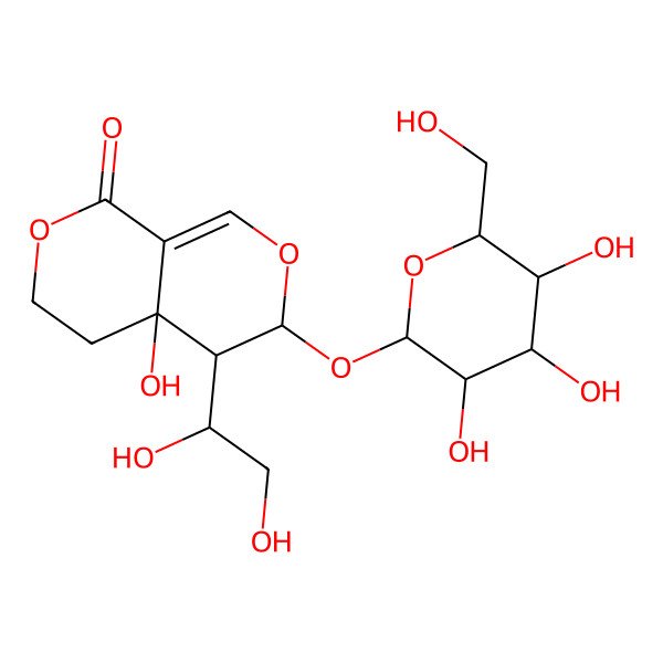 2D Structure of (3S,4R,4aR)-4-[(1S)-1,2-dihydroxyethyl]-4a-hydroxy-3-[(2S,3R,4S,5S,6R)-3,4,5-trihydroxy-6-(hydroxymethyl)oxan-2-yl]oxy-3,4,5,6-tetrahydropyrano[3,4-c]pyran-8-one