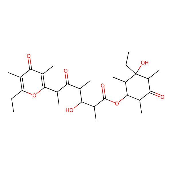 2D Structure of (3-Ethyl-3-hydroxy-2,4,6-trimethyl-5-oxocyclohexyl) 6-(6-ethyl-3,5-dimethyl-4-oxopyran-2-yl)-3-hydroxy-2,4-dimethyl-5-oxoheptanoate