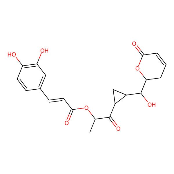 2D Structure of [1-[2-[Hydroxy-(6-oxo-2,3-dihydropyran-2-yl)methyl]cyclopropyl]-1-oxopropan-2-yl] 3-(3,4-dihydroxyphenyl)prop-2-enoate