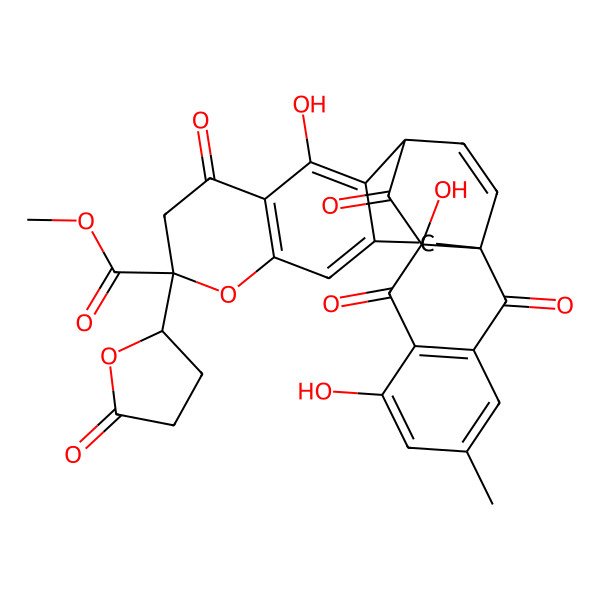2D Structure of Methyl 11,15,18-trihydroxy-20-methyl-9,14,16,23-tetraoxo-7-(5-oxooxolan-2-yl)-6-oxahexacyclo[11.10.2.01,15.03,12.05,10.017,22]pentacosa-3,5(10),11,17(22),18,20,24-heptaene-7-carboxylate