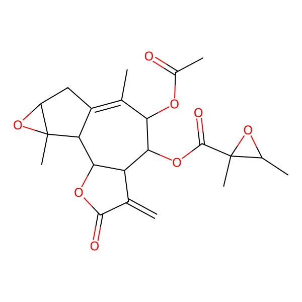 2D Structure of (8-Acetyloxy-9,14-dimethyl-5-methylidene-4-oxo-3,13-dioxatetracyclo[8.4.0.02,6.012,14]tetradec-9-en-7-yl) 2,3-dimethyloxirane-2-carboxylate