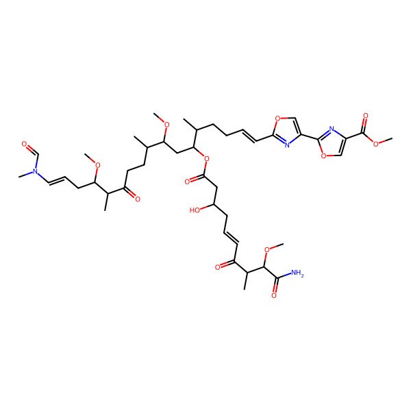 2D Structure of methyl 2-[2-[(1E,5S,6S,8R,9R,13R,14S,16E)-6-[(E,3S,8S,9R)-10-amino-3-hydroxy-9-methoxy-8-methyl-7,10-dioxodec-5-enoyl]oxy-17-[formyl(methyl)amino]-8,14-dimethoxy-5,9,13-trimethyl-12-oxoheptadeca-1,16-dienyl]-1,3-oxazol-4-yl]-1,3-oxazole-4-carboxylate
