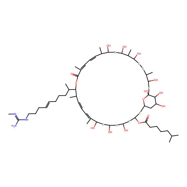 2D Structure of [5,7,9,23,25,27,31,33,34,35-decahydroxy-10,14,18,22,26,30-hexamethyl-15-[10-[(N'-methylcarbamimidoyl)amino]dec-6-en-2-yl]-17-oxo-16,37-dioxabicyclo[31.3.1]heptatriaconta-10,12,18,20-tetraen-3-yl] 6-methylheptanoate